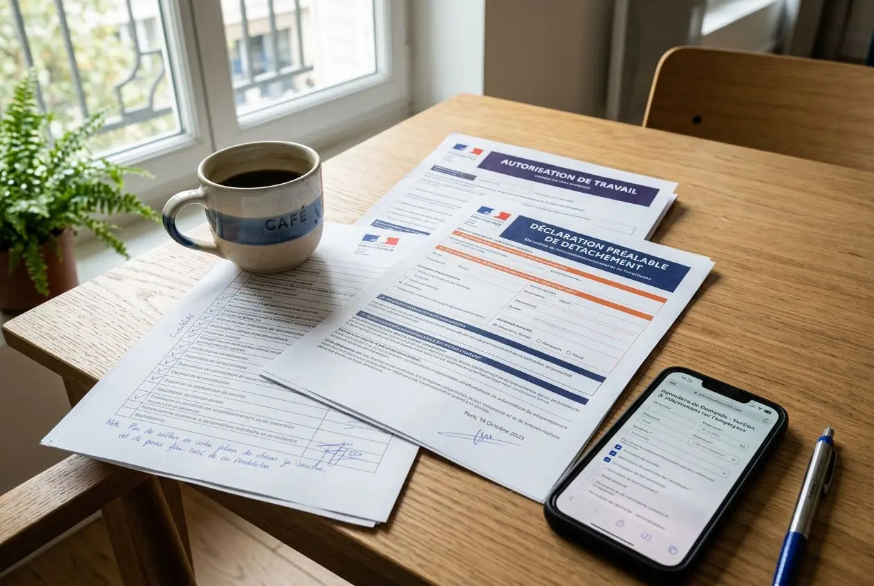 Différence salarié détaché et mis à disposition: documents administratifs sur une table, vue d’un smartphone et une tasse près d’une fenêtre.