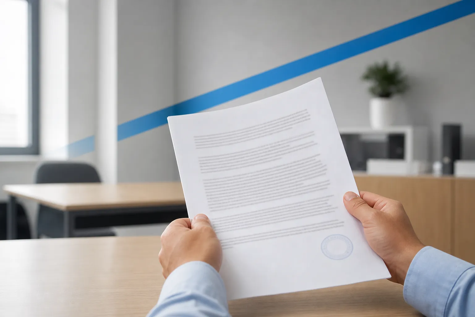 Document légal en main sur un bureau, symbole des conditions de travail intérimaire légal et des contrats.