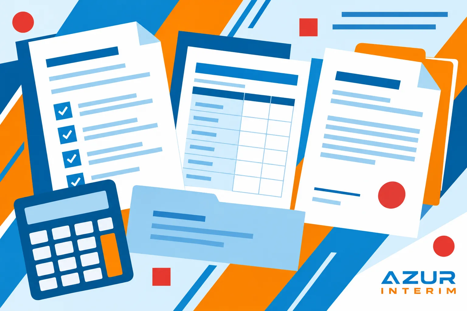 Des documents et feuilles de calcul disposés en tas sur un fond coloré avec une calculatrice au premier plan.