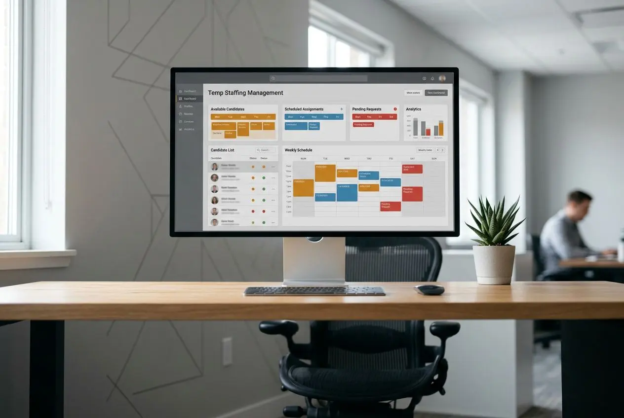 Écran d’ordinateur affichant un logiciel de gestion intérim sur un bureau, bureau moderne et plante verte à côté.