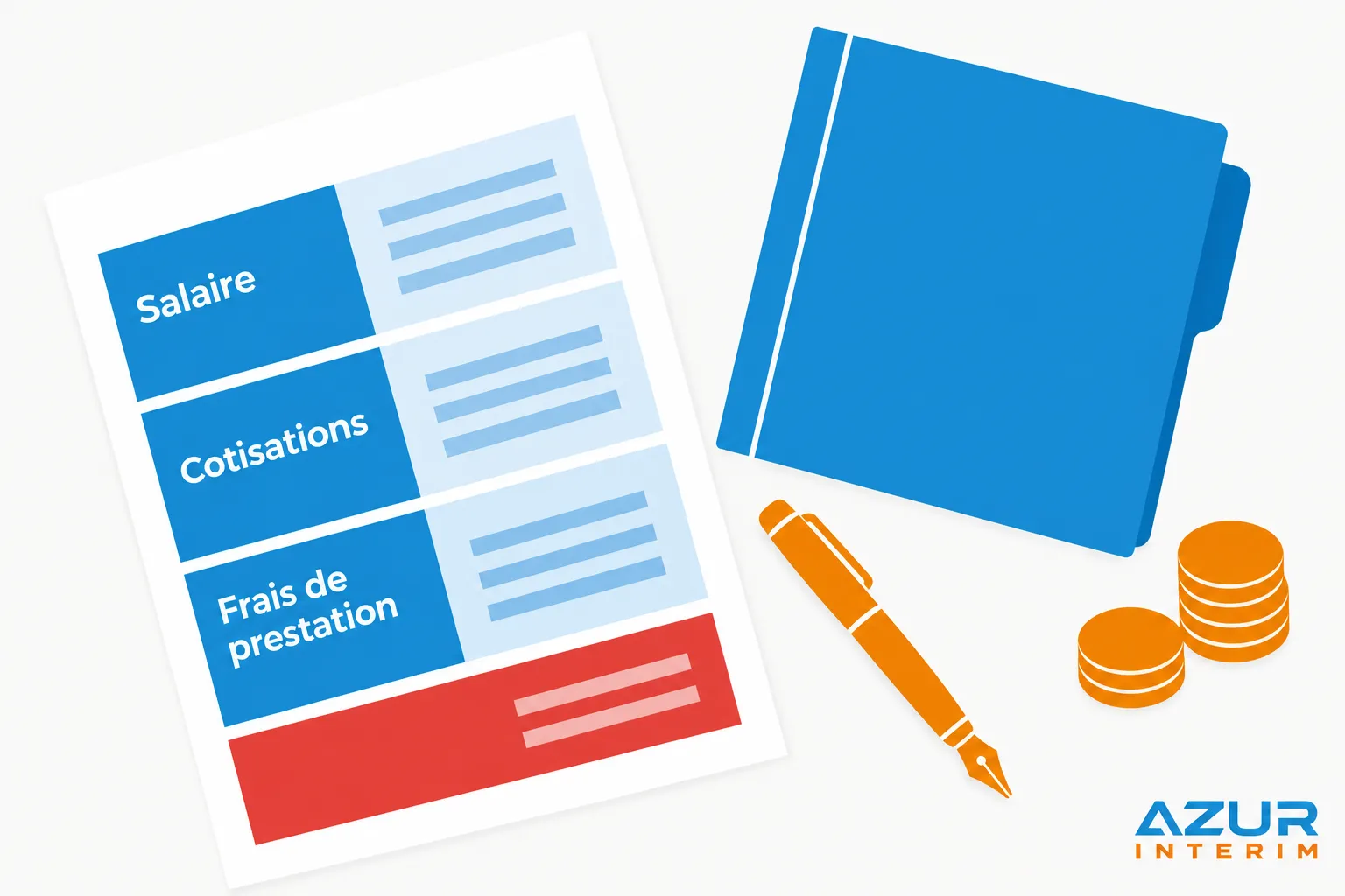 Une fiche avec des sections “Salaire”, “Cotisations” et “Frais de prestation” à gauche et un classeur bleu avec un stylo et