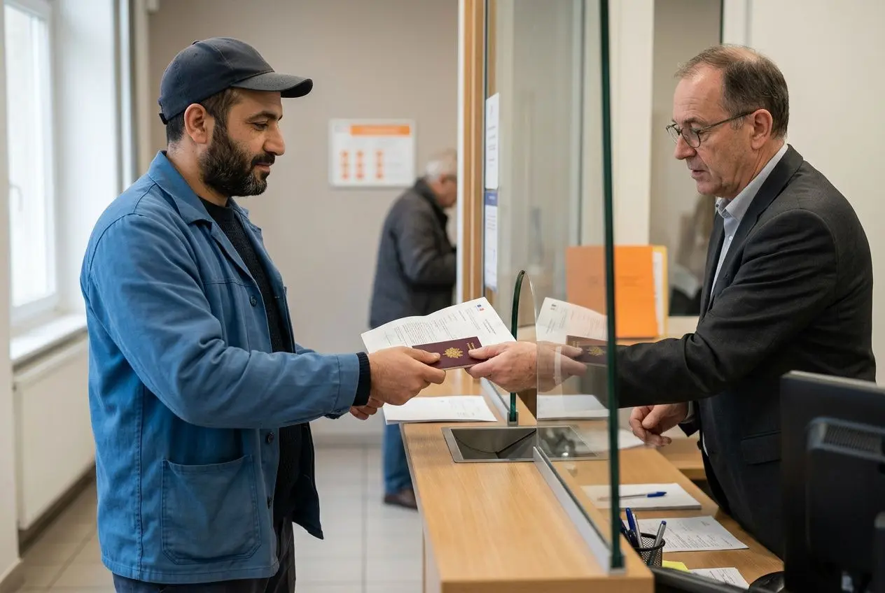 Homme en bleu remet un justificatif à un agent au guichet dans une administrative, échange de documents. les étapes pour recruter à l'étranger.