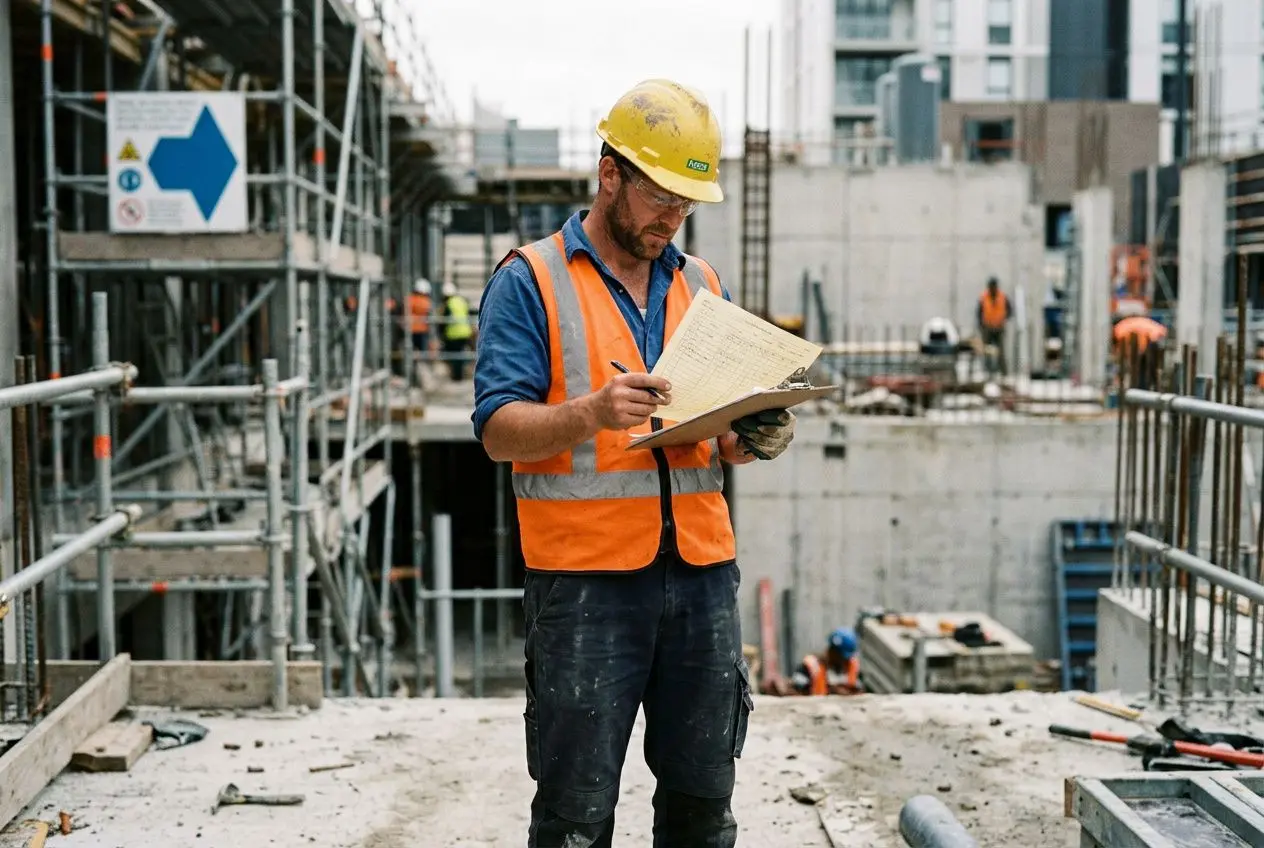 Hydraulique/chantier: ouvrier en casque et gilet réfléchissant orange vérifiant des documents sur un terrain de construction. heures supplémentaires intérimaire rémunération suggérée.