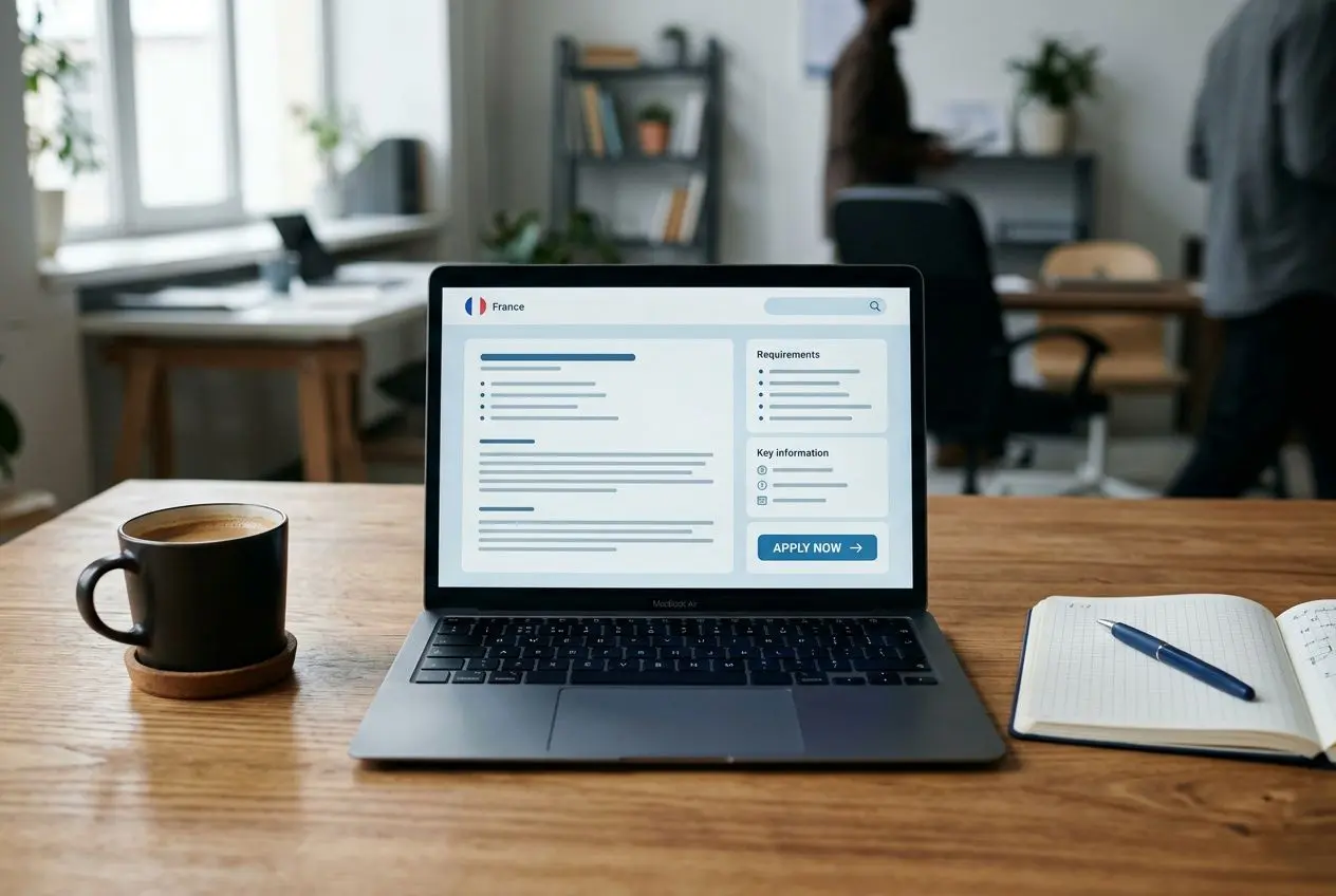 Ordinateur portable affichant une page de formulaire en ligne sur le thème des étapes pour recruter à l'étranger, sur un bureau.