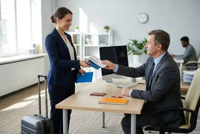 Signature et remise de documents entre collègue en bureau, avec valise et dossiers sur le bureau. durée maximale d'un détachement salarié à l'étranger.