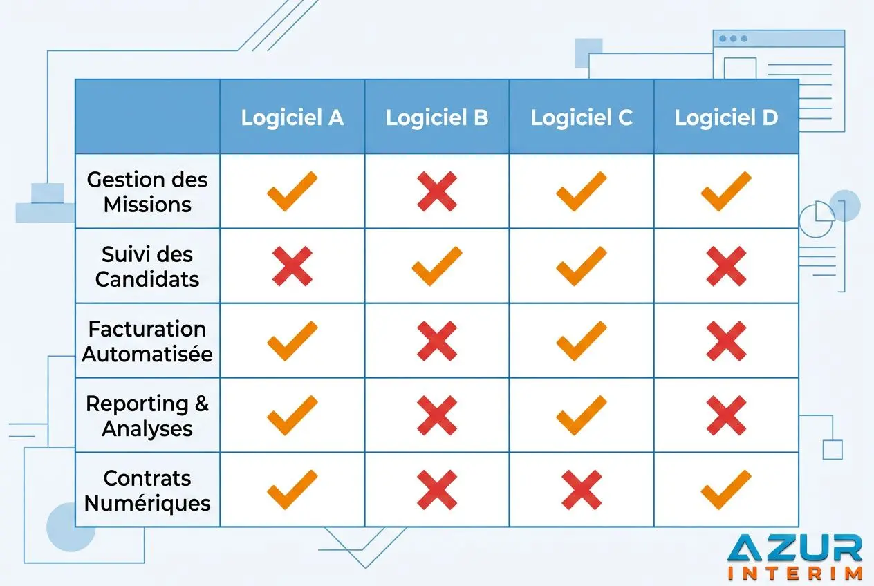 Tableau comparatif des logiciels: fonctionnalités clés (Gestion des Missions, Suivi des Candidats, Facturation Automatisée, Reporting & Analyses, Contrats Numériques) avec coches/vix pour Logiciel A-D. intégration du logiciel gestion intérim.