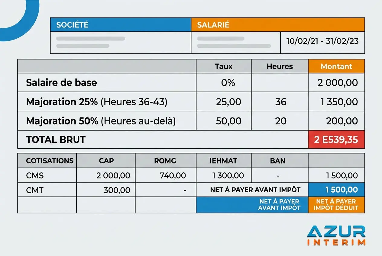 Tableau de paie intérim montrant le calcul des heures supplémentaires avec majorations (25% puis 50%), total brut et net à payer avant impôt, intitulé « Heures supplémentaires en intérim : calcul et majoration ». Inclut les colonnes Base, Majoration 25% (36–43 h), Majoration 50% (au-delà), et les montants correspondants.