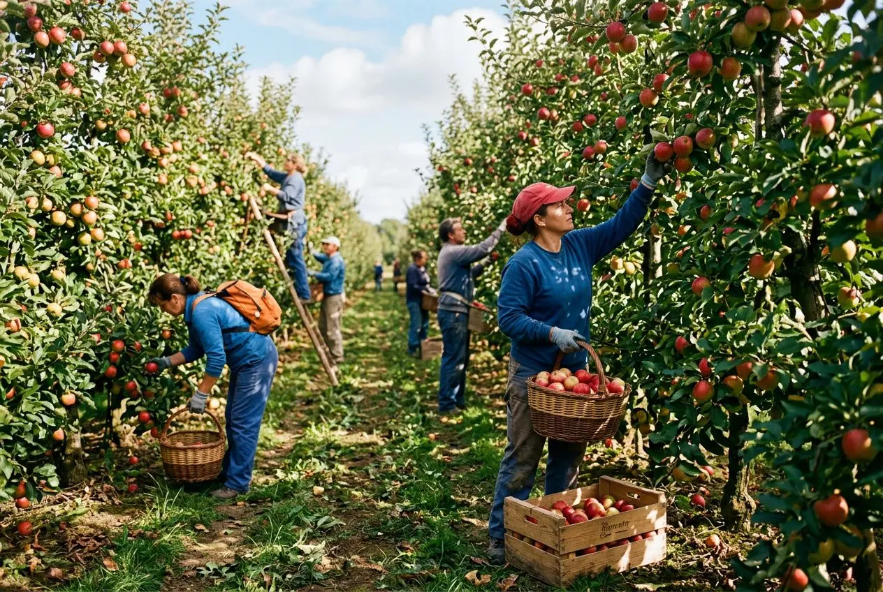 Travailleurs récoltant des pommes dans un verger, ramassant des fruits dans des cagettes et cueillant les pommes sur les arbres. Emploi saisonnier logé.