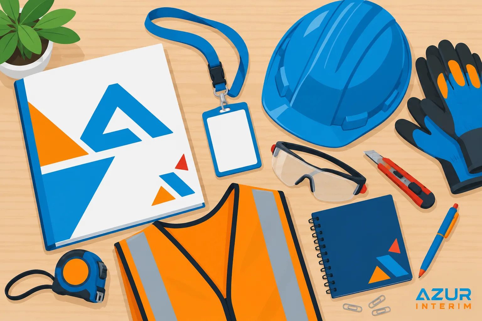 Un casque, un gilet de sécurité et des gants sont posés sur une table avec des documents et des fournitures.
