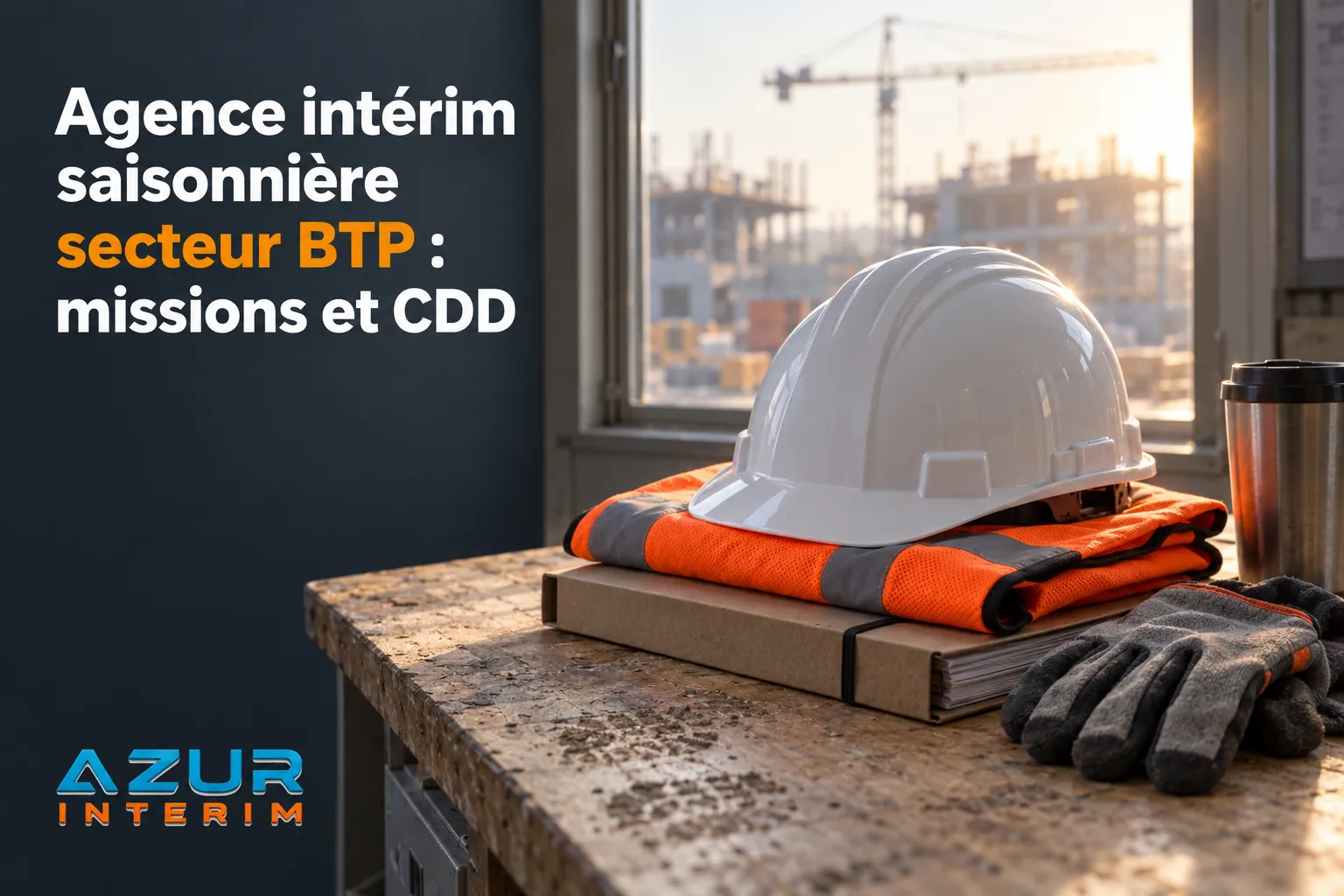 Casque de sécurité blanc posé sur des documents et des gants sur un établi de chantier, avec outils et vue d’un site de