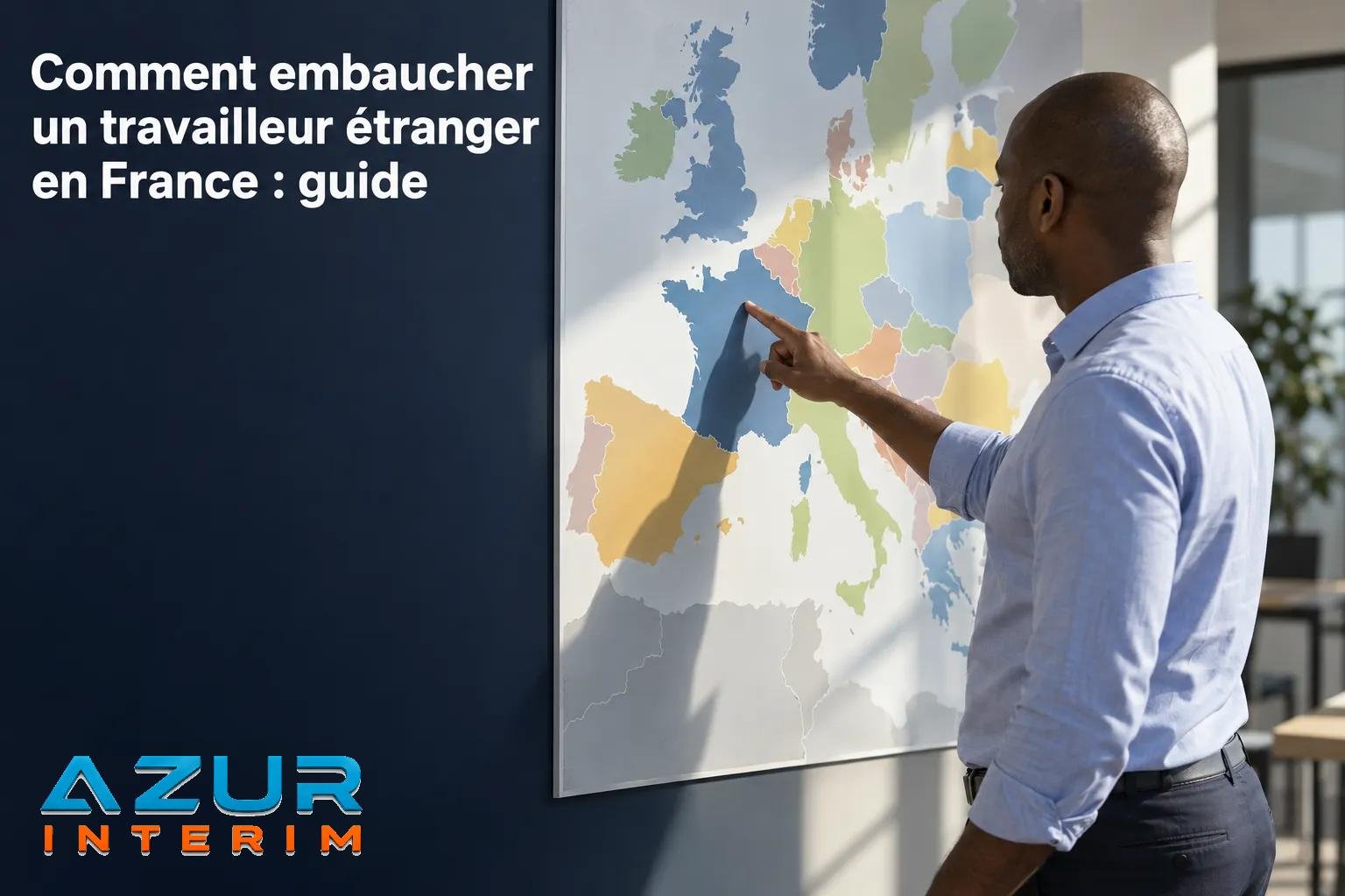 Comment embaucher un travailleur étranger en France : guide avec un homme pointant une carte du monde sur un mur.