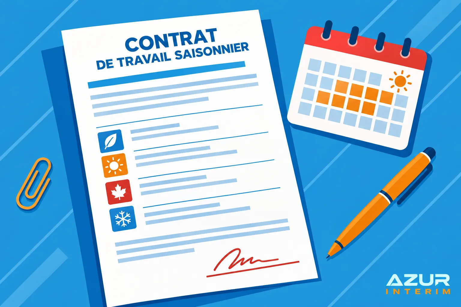 Contrat de travail saisonnier sur une page de document avec badge et calendrier.