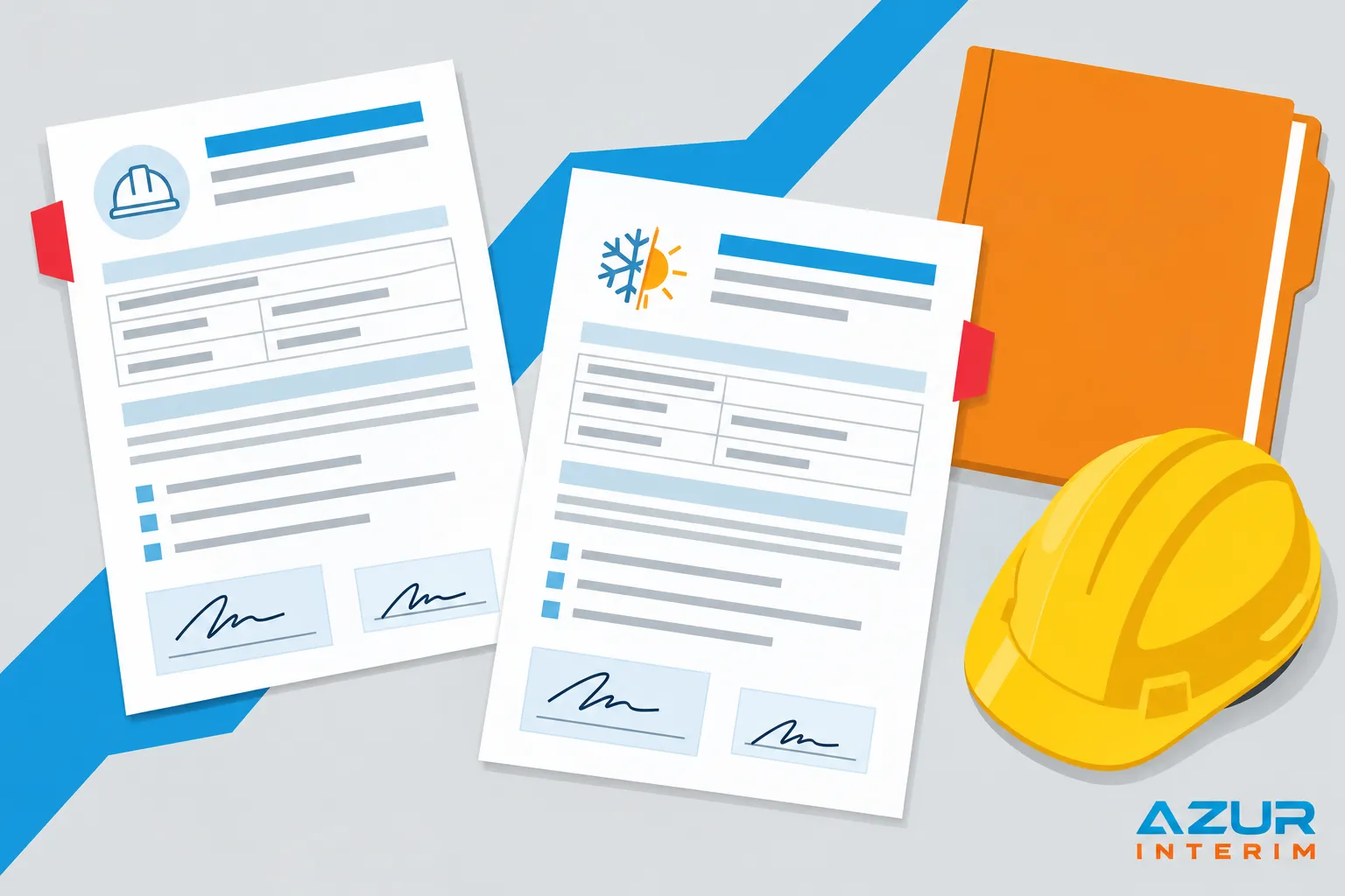Deux contrats de travail affichés sur des documents portent des tampons et signatures, avec un casque jaune et un classeur