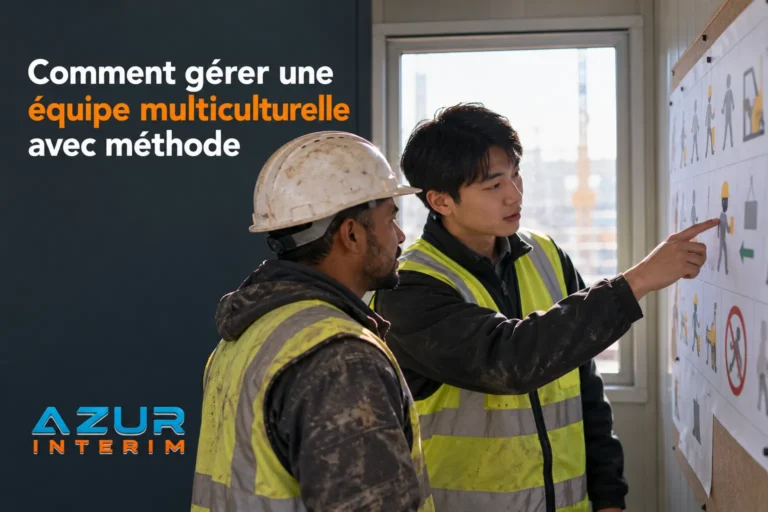 Deux ouvriers en gilet de sécurité regardent un tableau affiché au mur, tandis que l’un d’eux montre un élément du doigt.