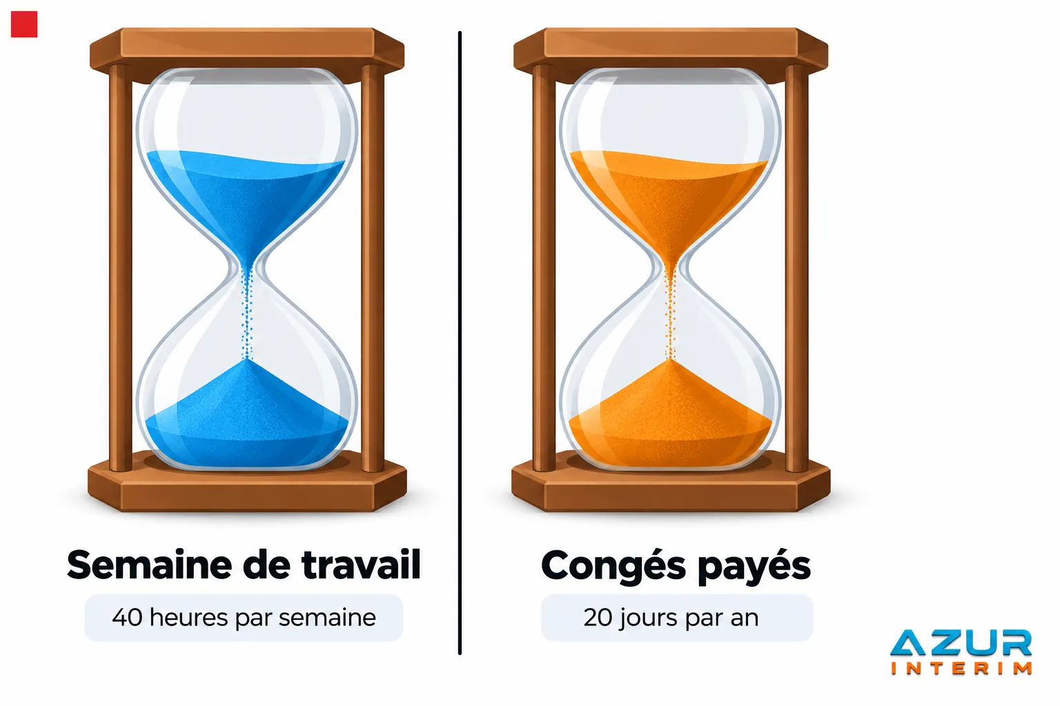 Deux sabliers séparés indiquant d’un côté une « Semaine de travail » de quarante heures et de l’autre des « Congés payés »