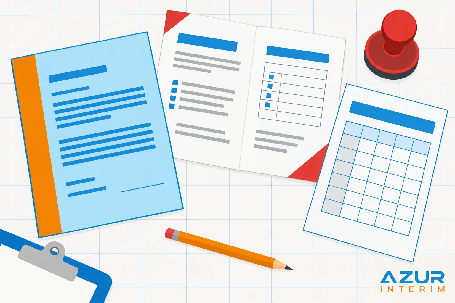 Documents et fiches en blanc et bleu avec une porte-plume et un tampon rouge sur fond à carreaux.