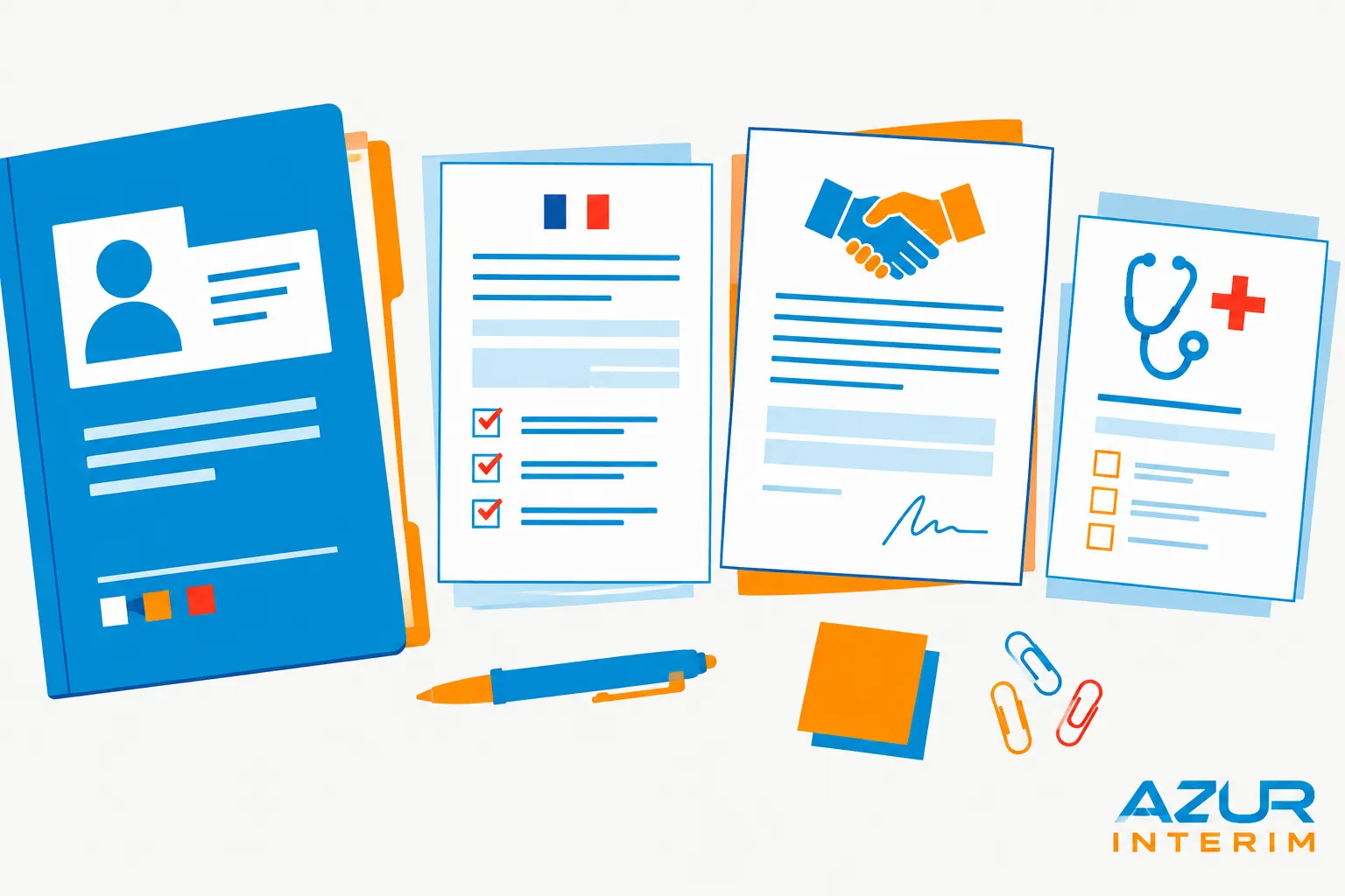Ensemble de documents administratifs et de dossiers de personnel disposés sur fond blanc, avec des fiches, un carnet bleu,