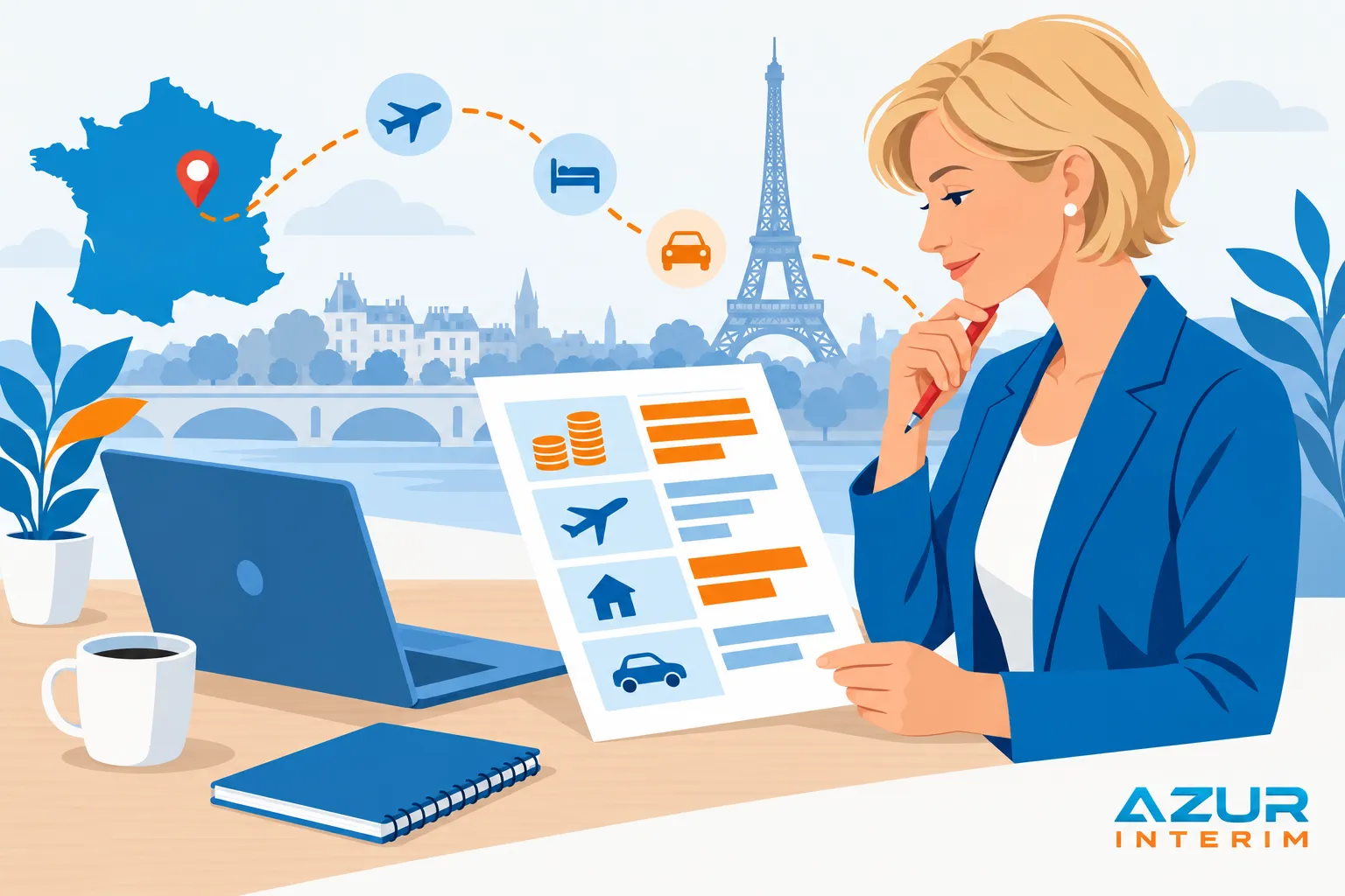 Une femme d’affaires consulte un document avec des graphiques, devant un ordinateur portable sur un bureau, avec une vue de