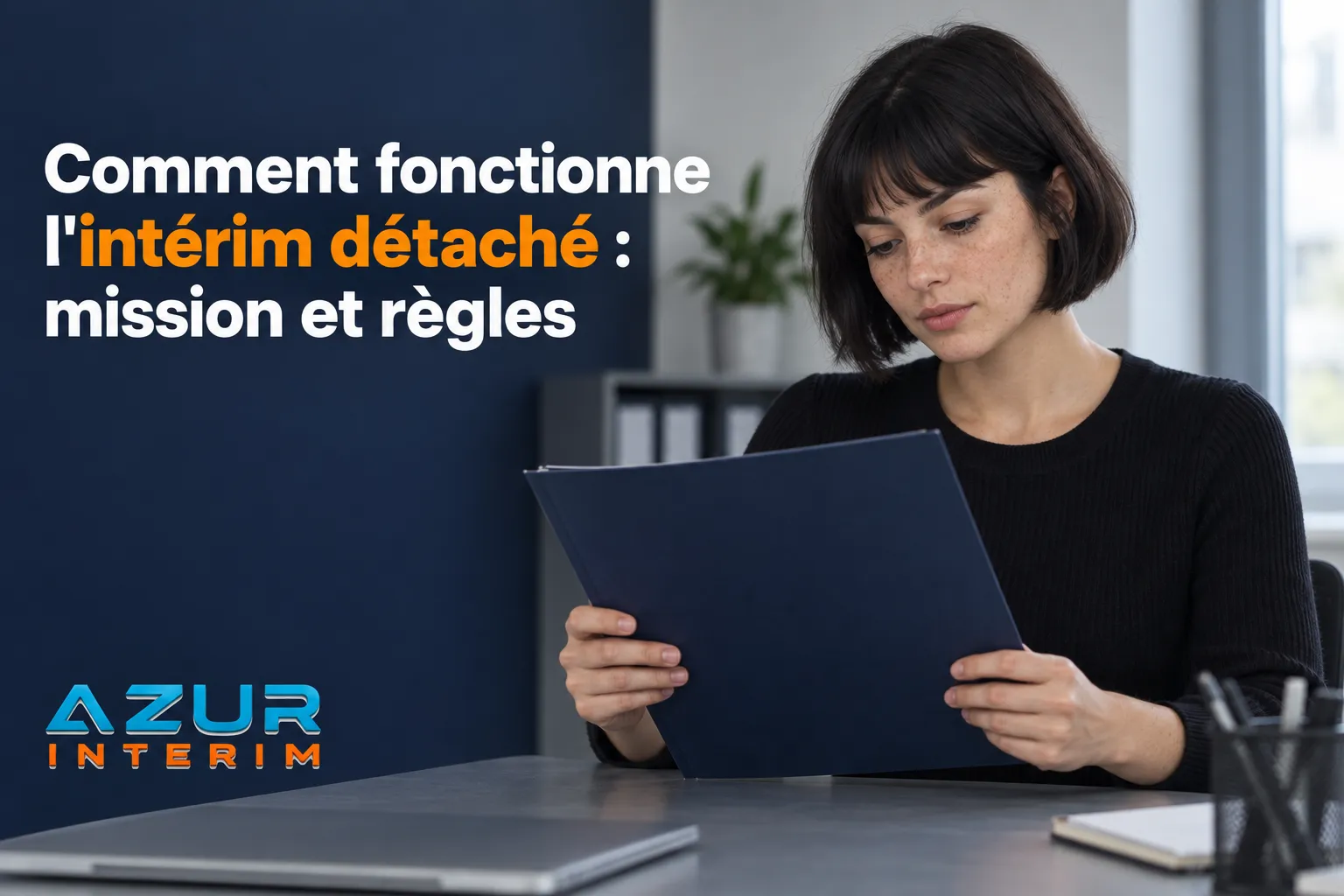 Une femme lit un dossier bleu assise à une table dans un bureau.