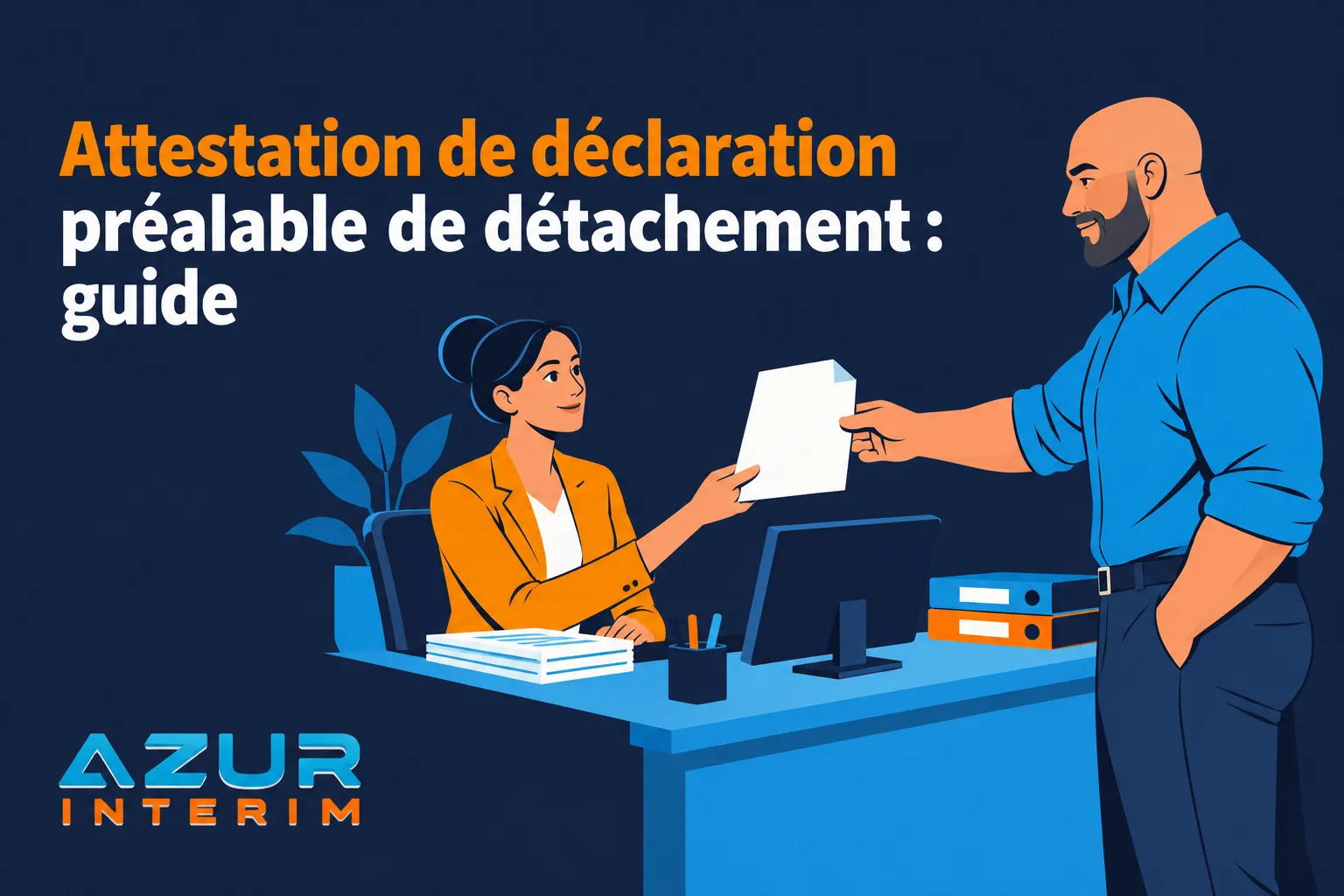 Une femme remet un document à un homme sur un bureau devant un ordinateur.