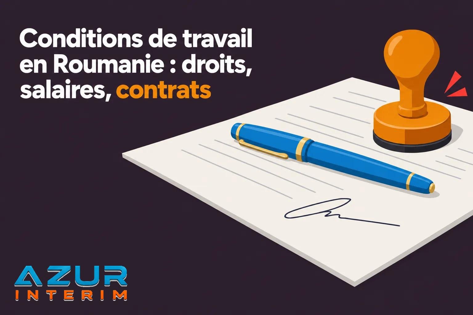 Une feuille de contrat posée sur une table avec un stylo bleu et une stamp à amortir, en regard.