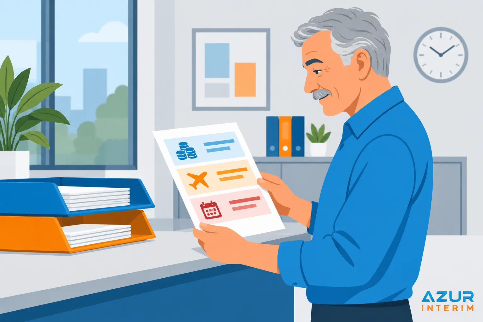 Un homme âgé consulte un document équipé de graphiques et d’icônes dans un bureau lumineux.