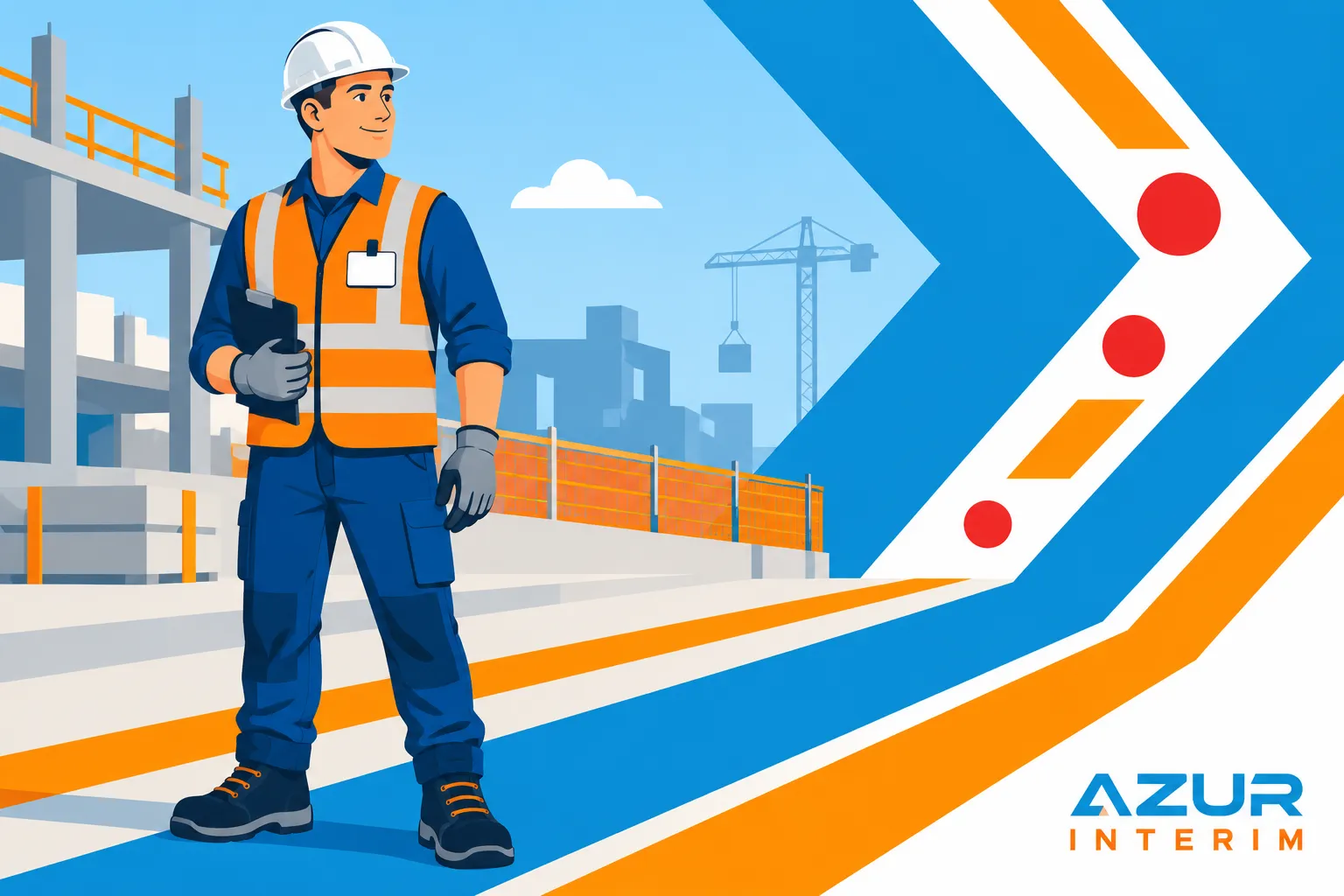 Un homme portant un casque et un gilet orange réfléchissant se tient sur un chantier de construction.