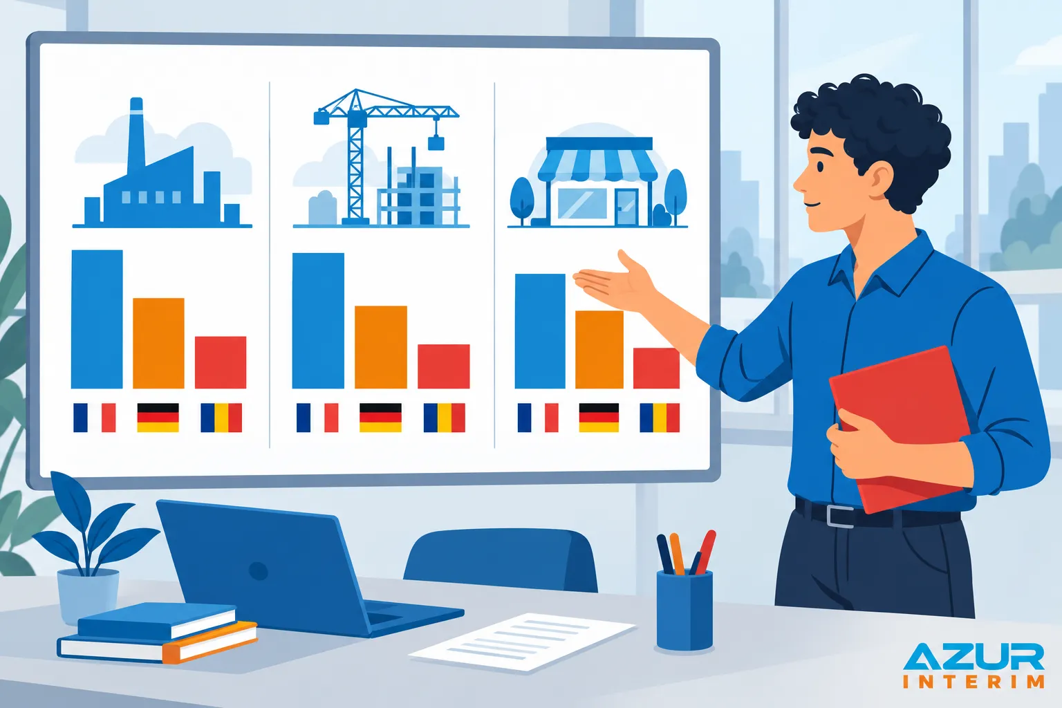 Un homme présente un tableau avec des graphiques de colonnes et des icônes d’industries sur une tableau blanc.
