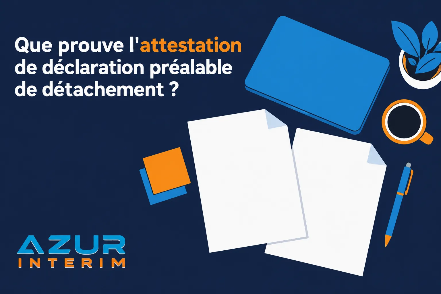 Une illustration graphique montrant des feuilles blanches et des supports de bureau sur fond bleu, avec le logo Azur Interim