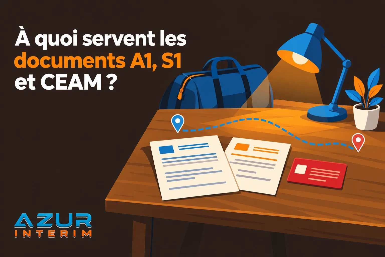 Illustration montrant un bureau avec des documents et une lampe bleue, une sacoche et une lampe près d’un carnet et d’une