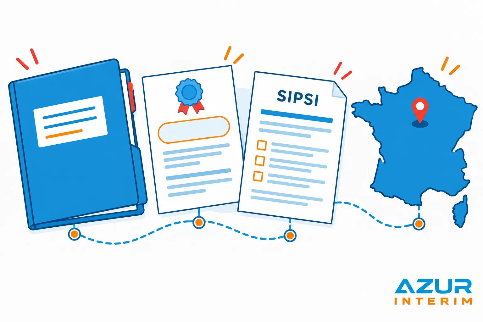 Illustration montrant des documents administratifs et une carte de la France, symbolisant les démarches liées à l’assurance