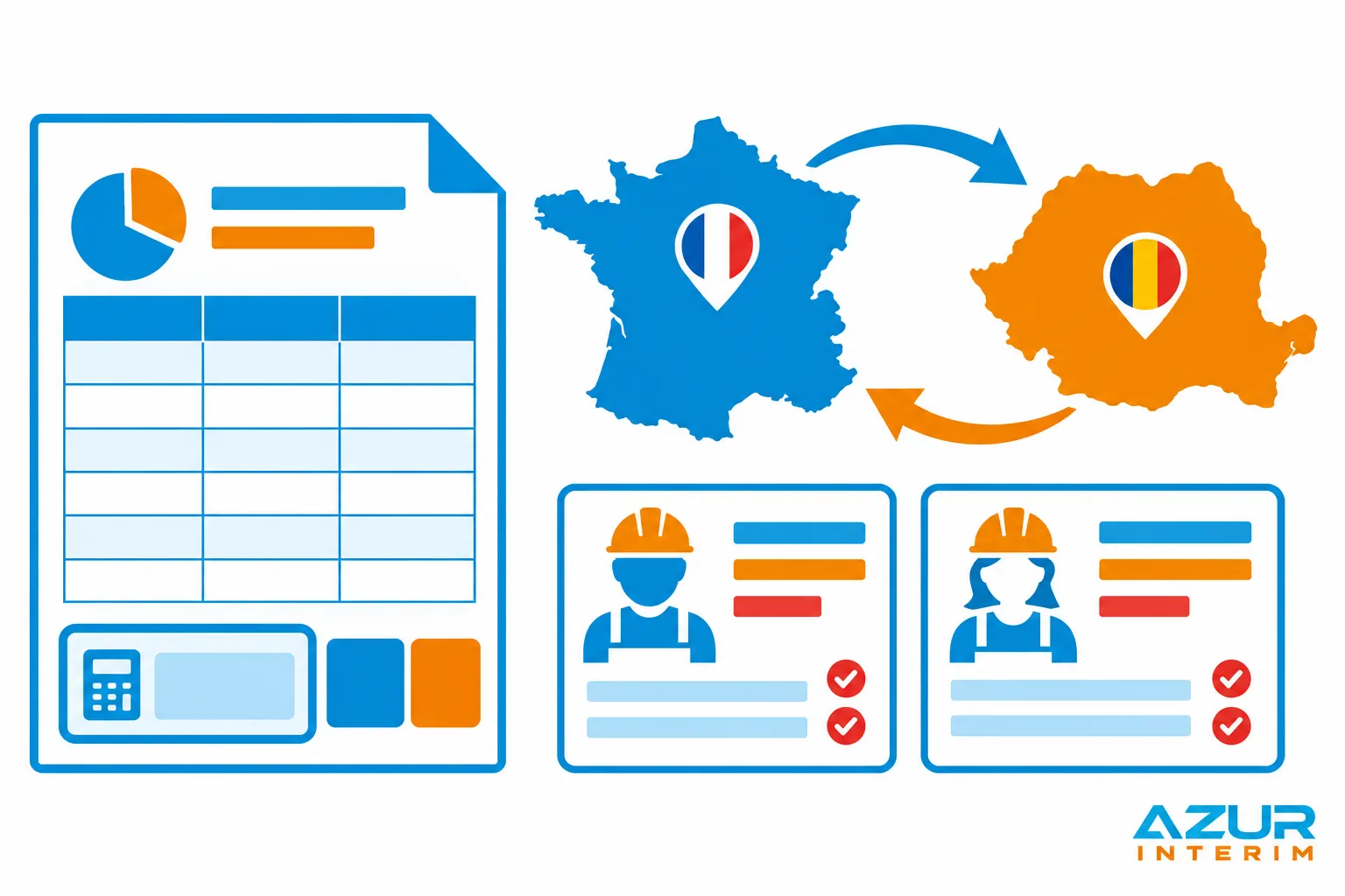 Illustration montrant une fiche de coût et des icônes de personnes et de pays indiquant l’échange entre la France et un