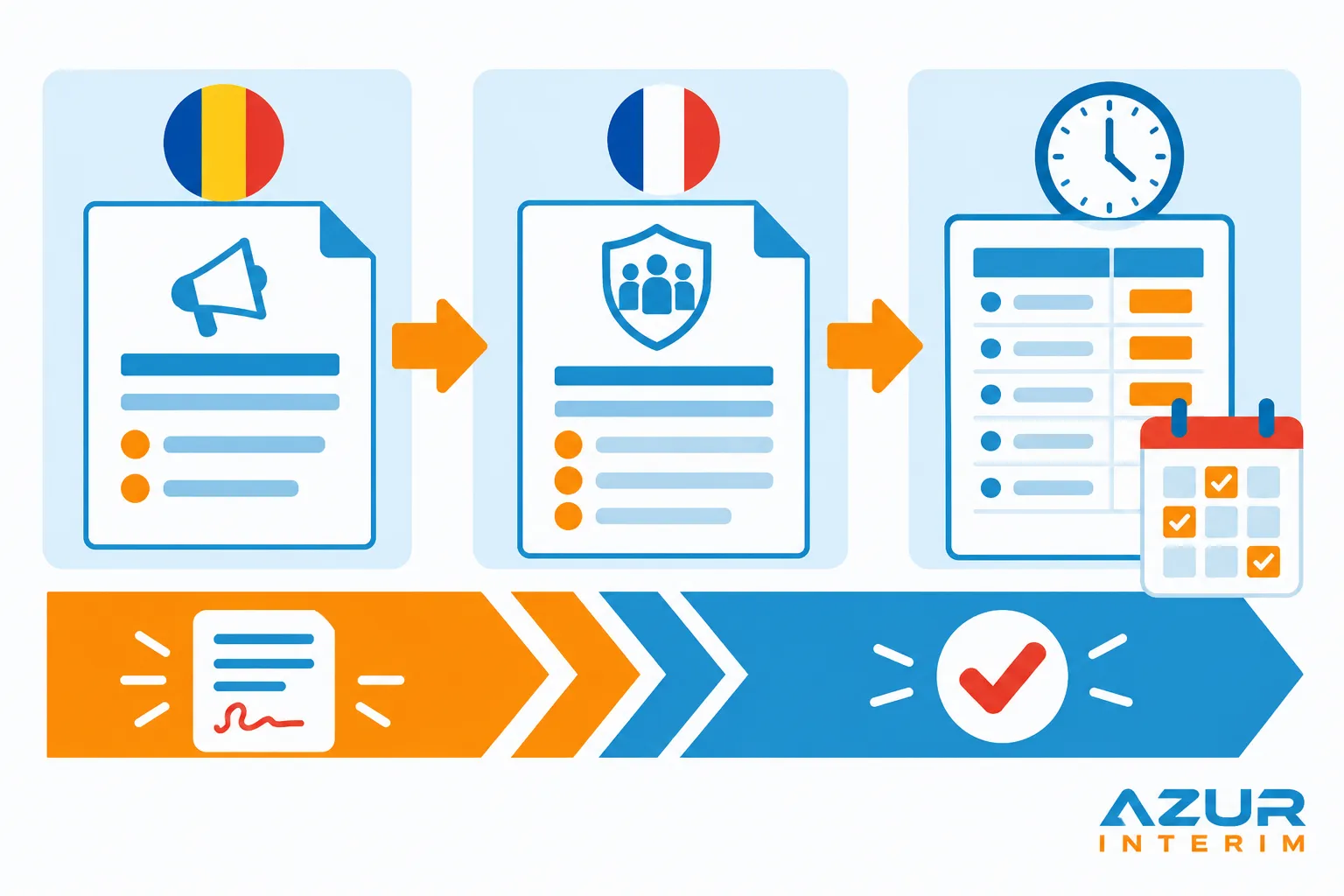 Image montrant une série de documents administratifs et une icône de vérification, avec flèches indiquant la progression et