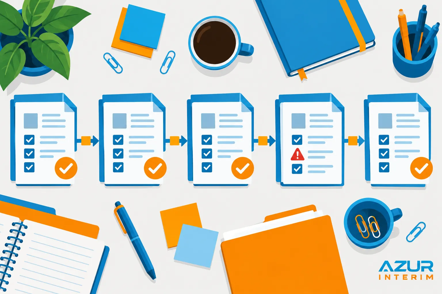 Une série de documents et outils de bureau sur une table avec des planches de contrôle et des listes à cocher.