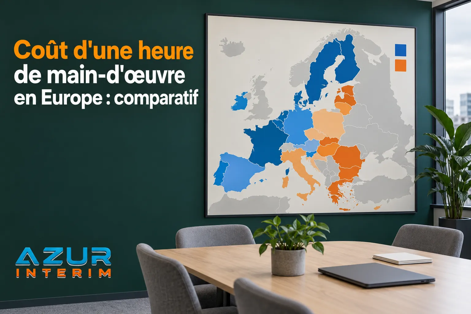 Tableau mural montrant une carte de l'Europe avec des nuances de bleu et orange et des sièges de réunion au premier plan.