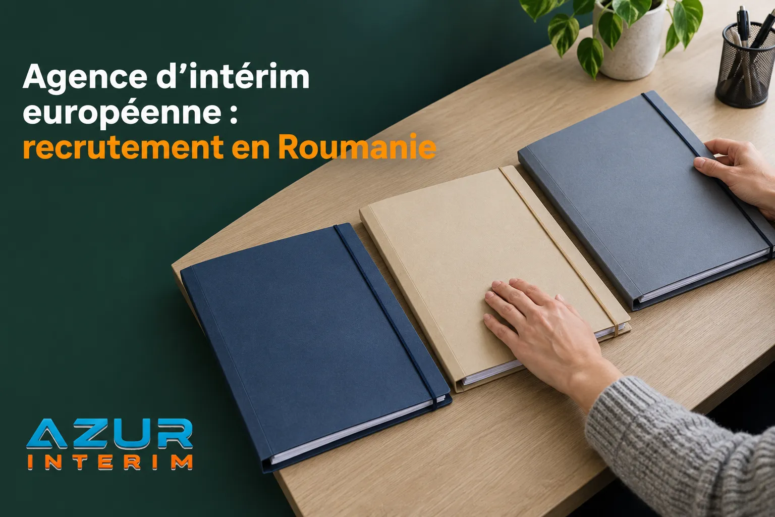 Texte sur fond vert et beige montrant des mains près de carnets posés sur une table, avec le logo Azur Interimm en bas