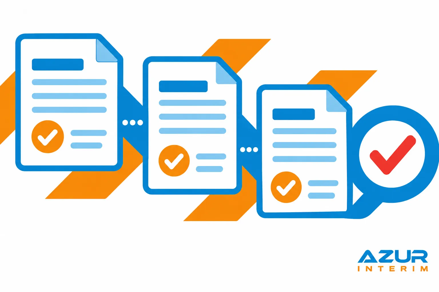 Trois documents avec des coches orange et un grand point bleu indiquant l’approbation.