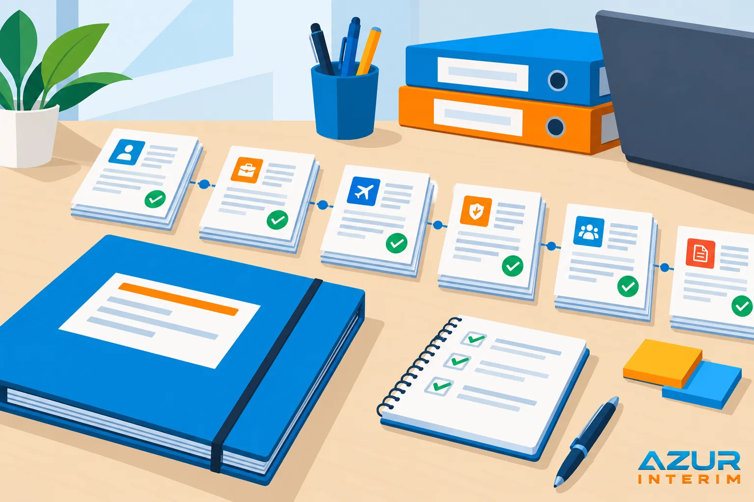 Vitrine de documents et dossiers organisés sur un bureau, avec un carnet et stylos, symbolisant la gestion des candidatures