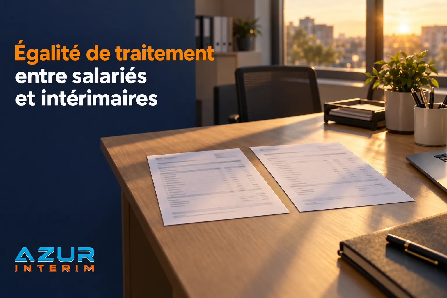 Vue d’un bureau avec des documents sur la table et du matériel de travail, près d’une fenêtre lumineuse.